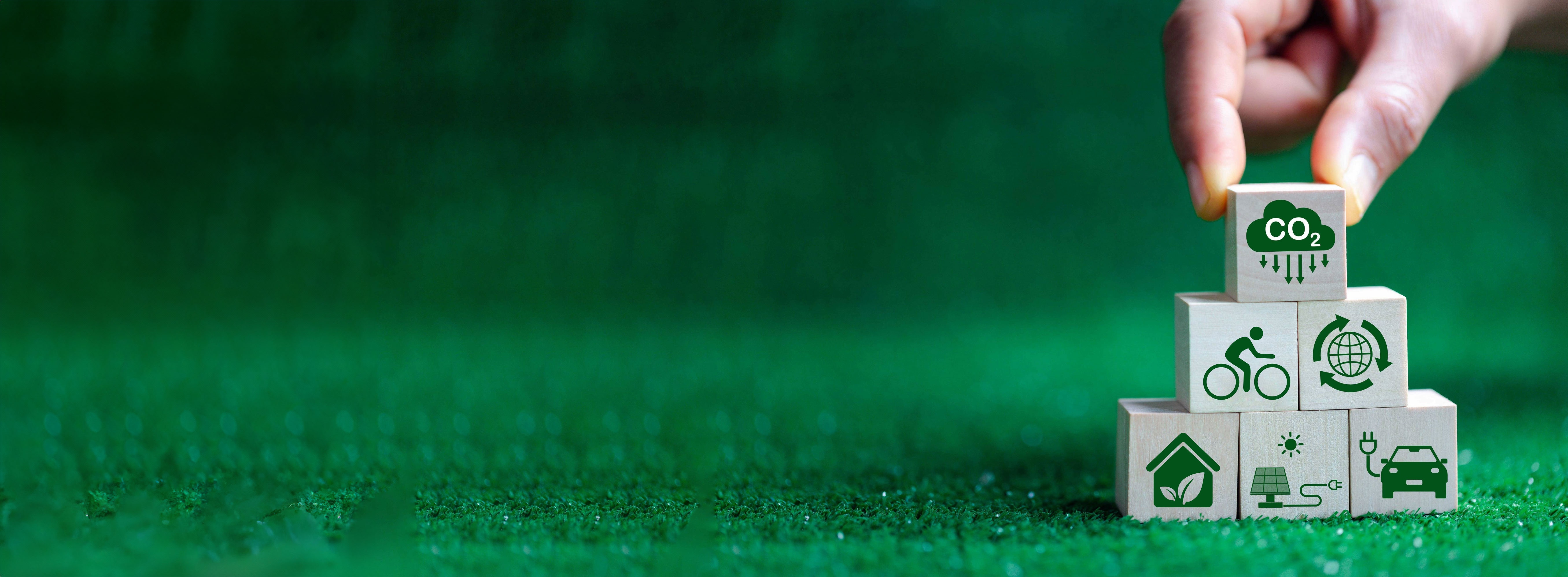 Würfel, die die Bestandteile wirksamer Klimapolitik symbolisieren gestapelt auf einer grünen Wiese