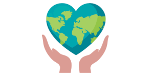 Illustration einer Erde in Herzform, die von zwei Händen gehalten wird